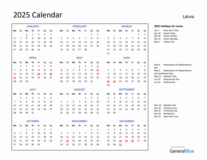 2025 Calendar with Holidays for Latvia