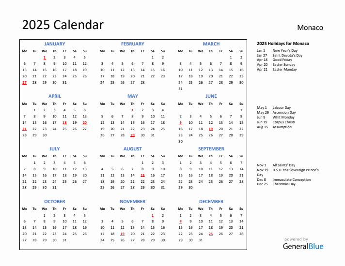 2025 Calendar with Holidays for Monaco