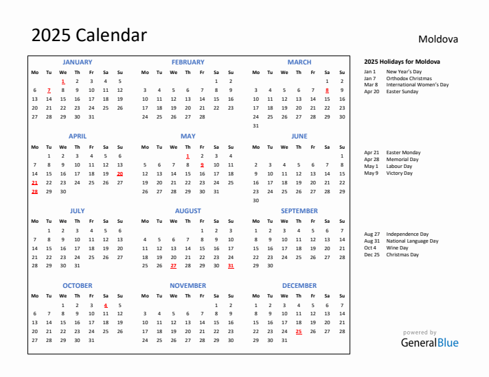 2025 Calendar with Holidays for Moldova