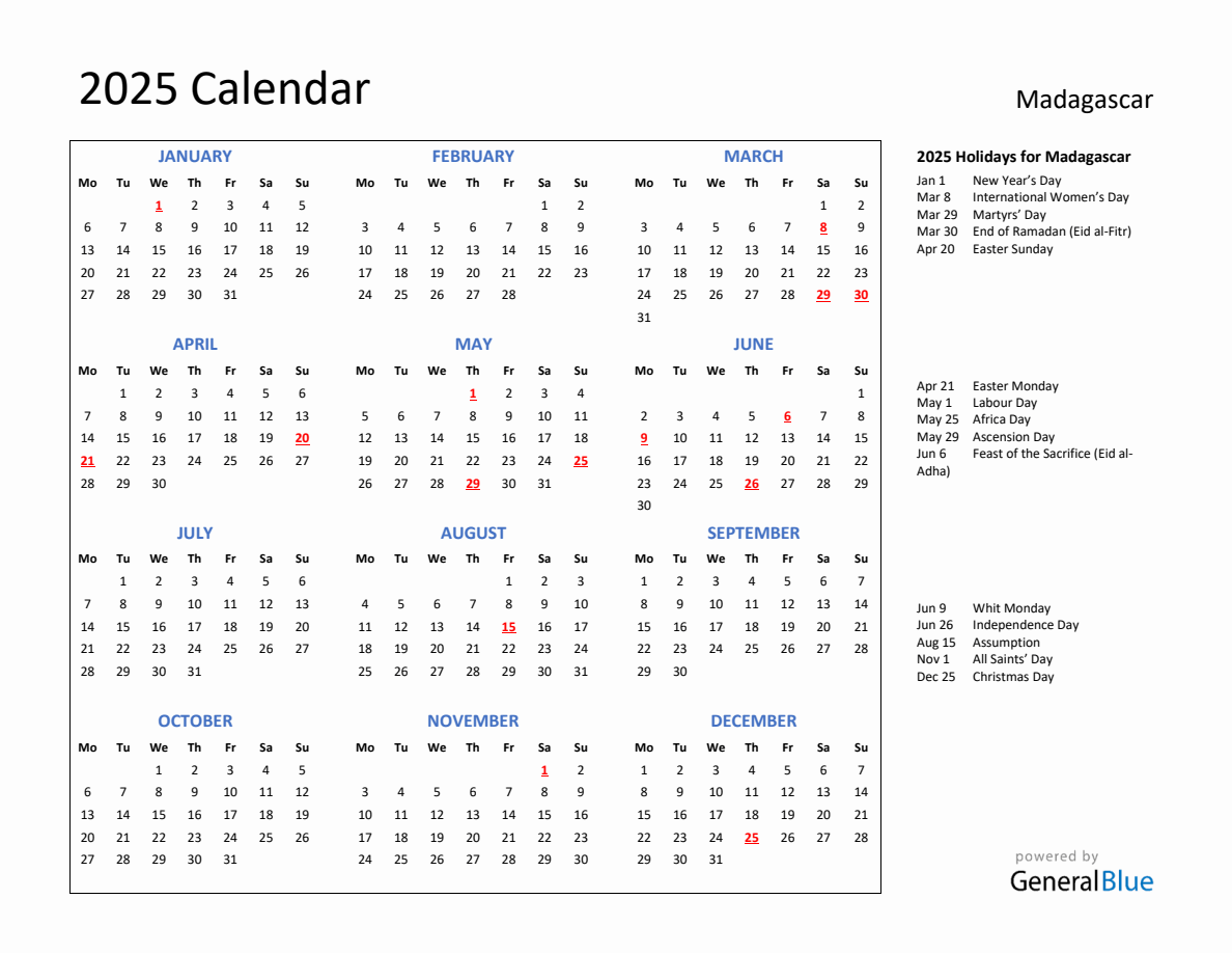 2025 Calendar with Holidays for Madagascar