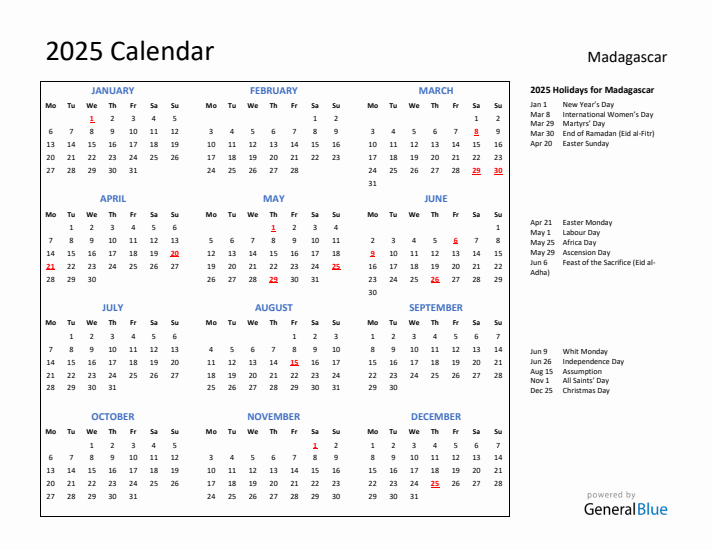 2025 Calendar with Holidays for Madagascar