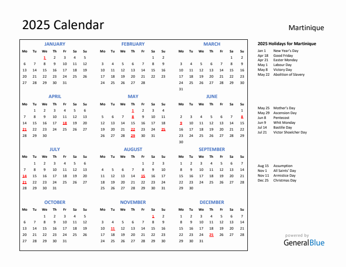 2025 Calendar with Holidays for Martinique