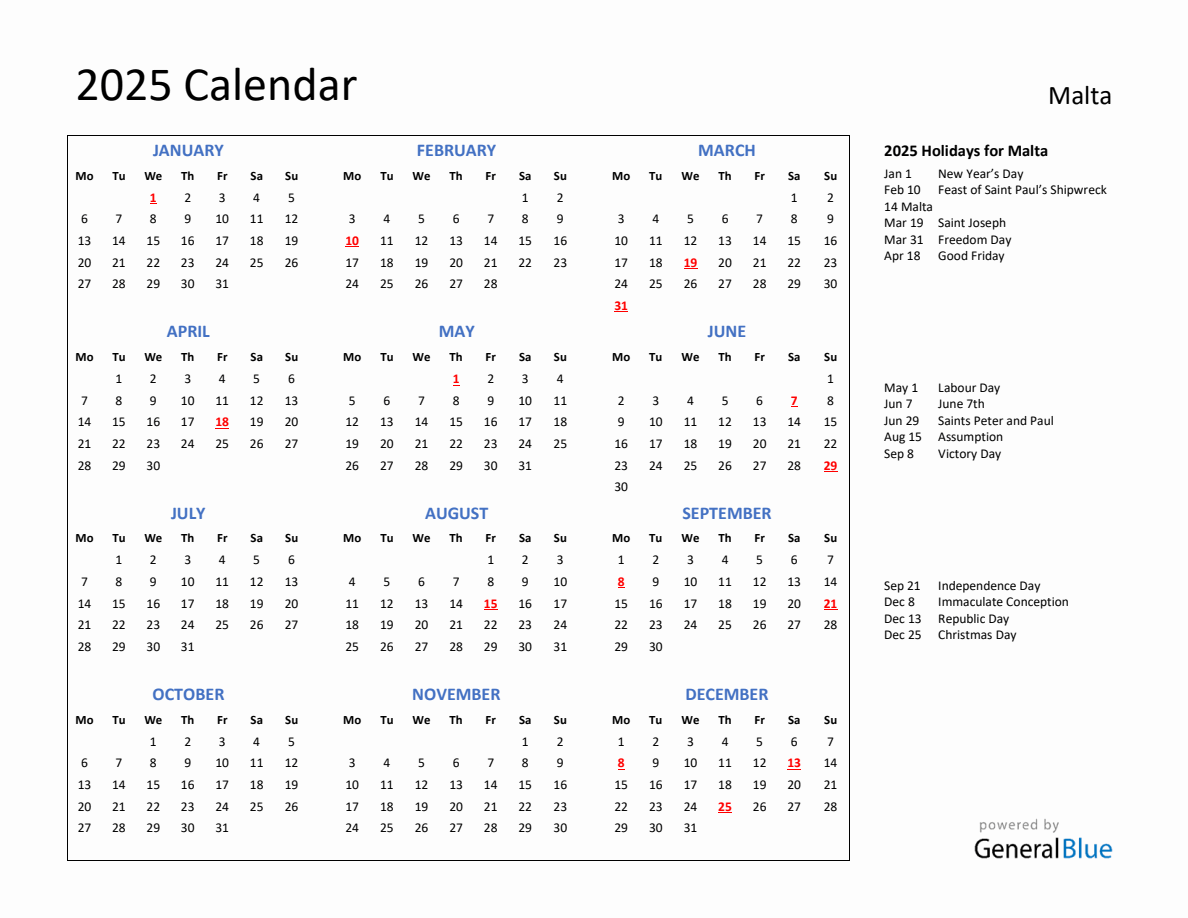 2025 Calendar with Holidays for Malta