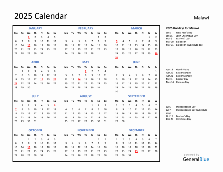 2025 Calendar with Holidays for Malawi