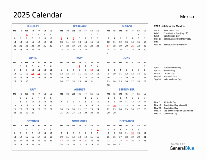2025 Calendar with Holidays for Mexico