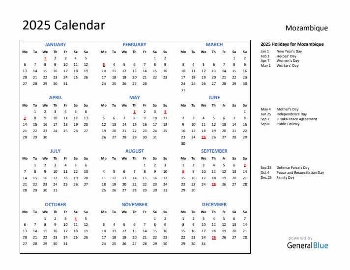 2025 Calendar with Holidays for Mozambique