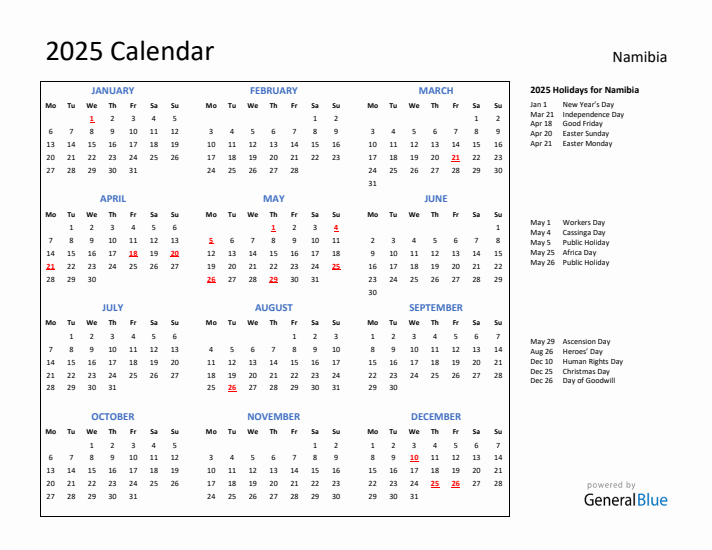 2025 Namibia Calendar with Holidays