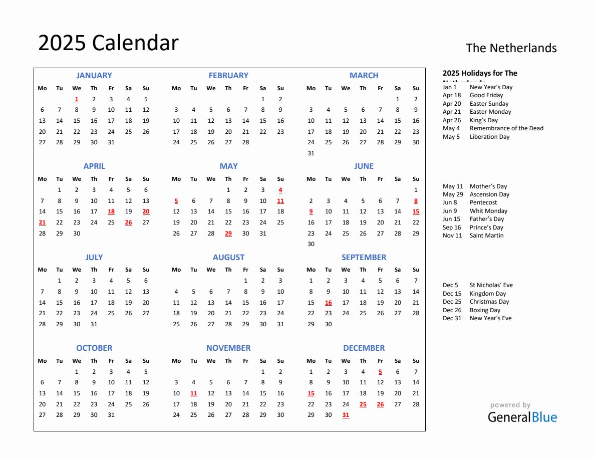2025 Calendar with Holidays for Netherlands