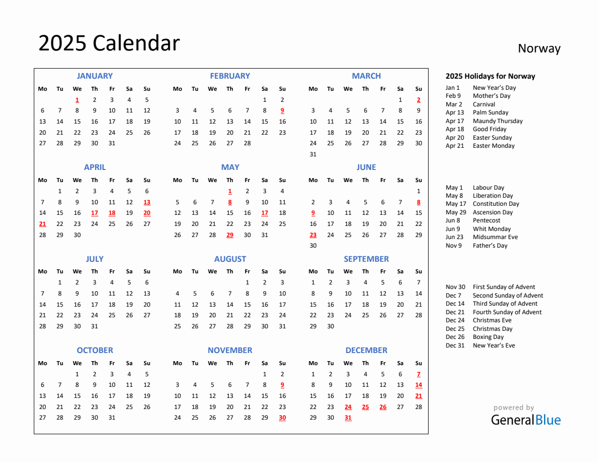 2025 Calendar with Holidays for Norway