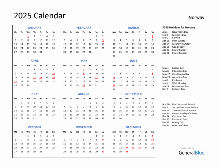 2025 Calendar with Holidays for Norway