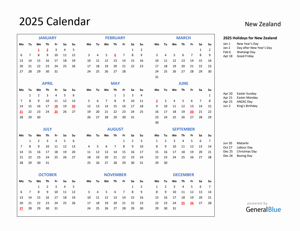 2025 Calendar with Holidays for New Zealand