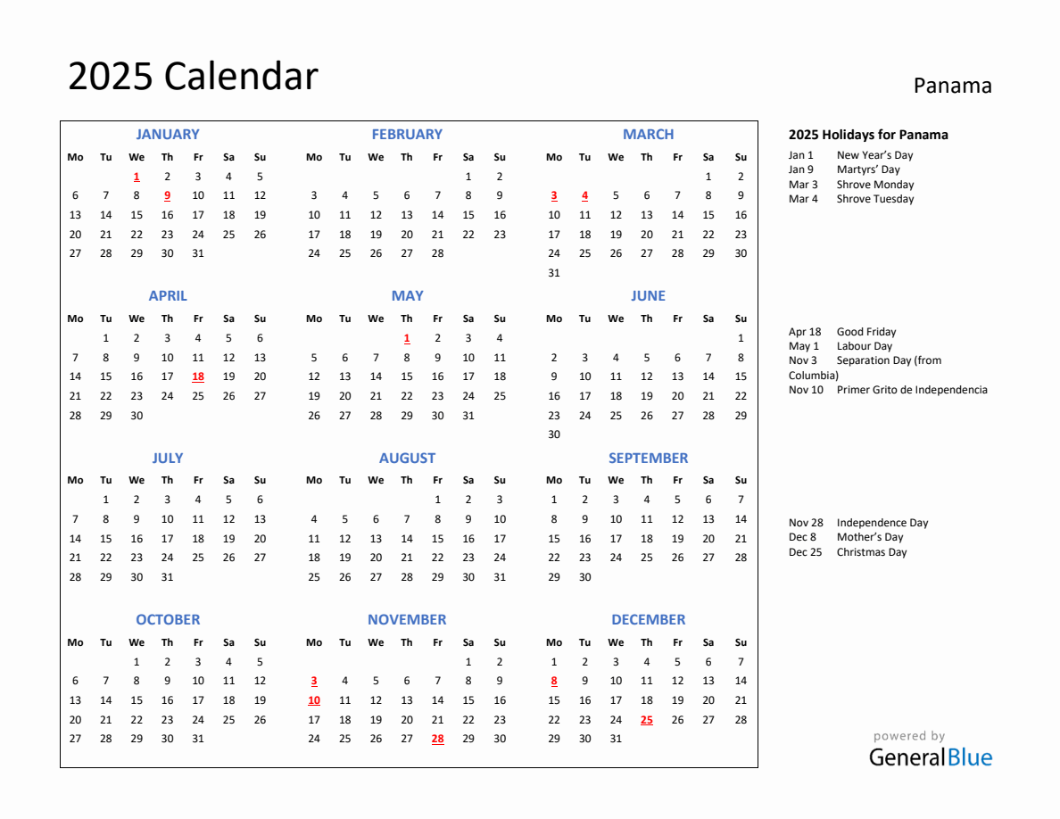 2025 Calendar with Holidays for Panama