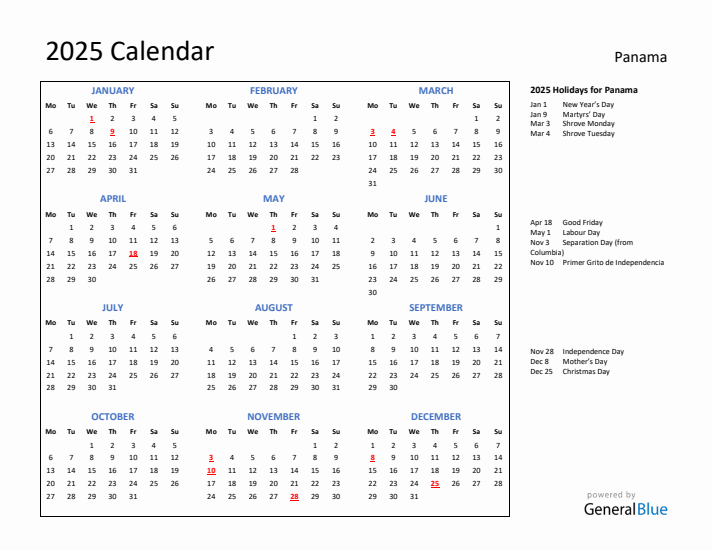 2025 Calendar with Holidays for Panama
