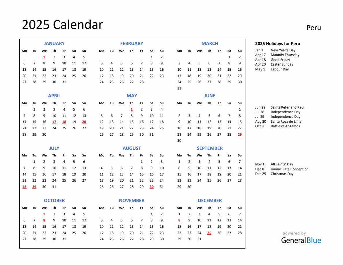 2025 Calendar with Holidays for Peru