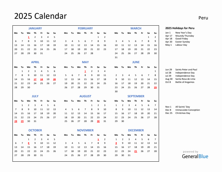 2025 Calendar with Holidays for Peru