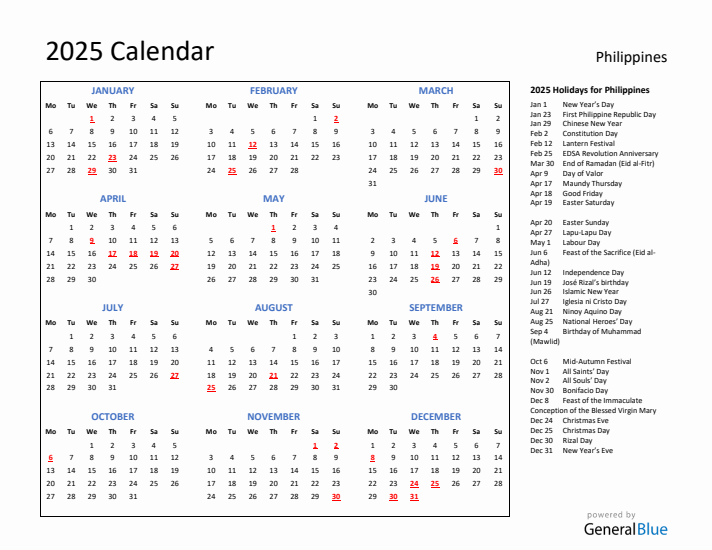 2025 Calendar with Holidays for Philippines