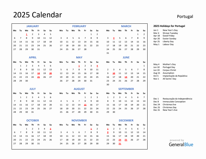 2025 Calendar with Holidays for Portugal