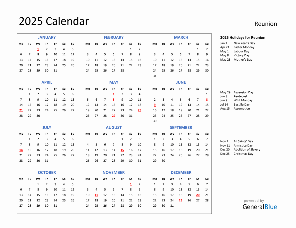 2025 Calendar with Holidays for Reunion