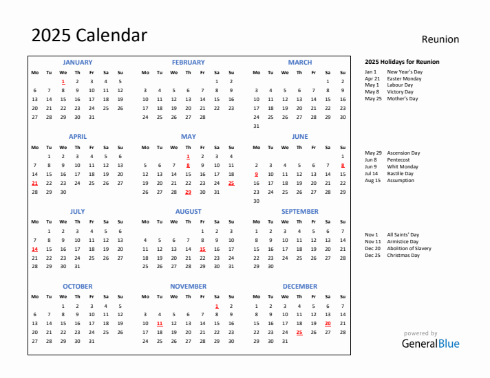 2025 Calendar with Holidays for Reunion