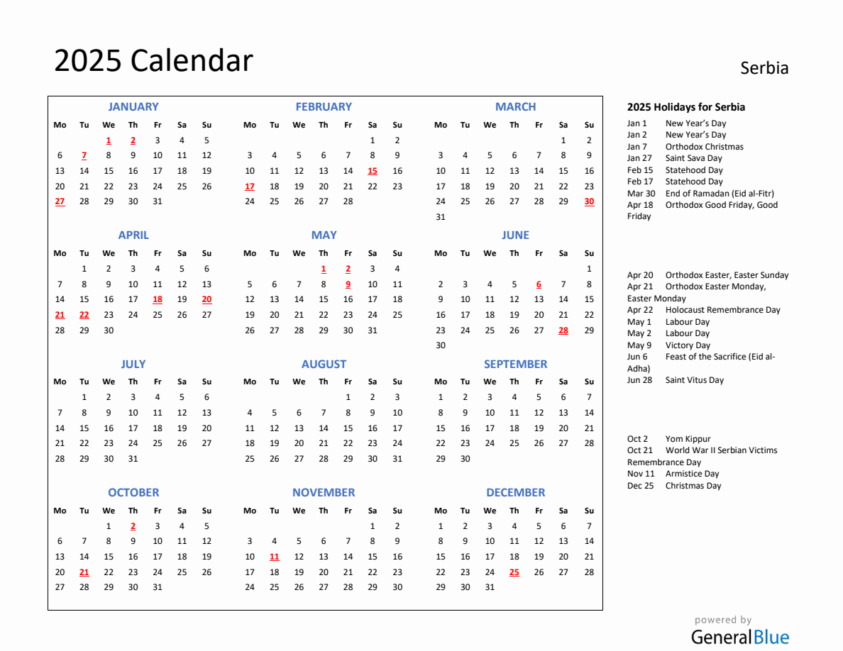 2025 Calendar with Holidays for Serbia