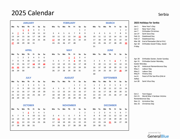2025 Calendar with Holidays for Serbia