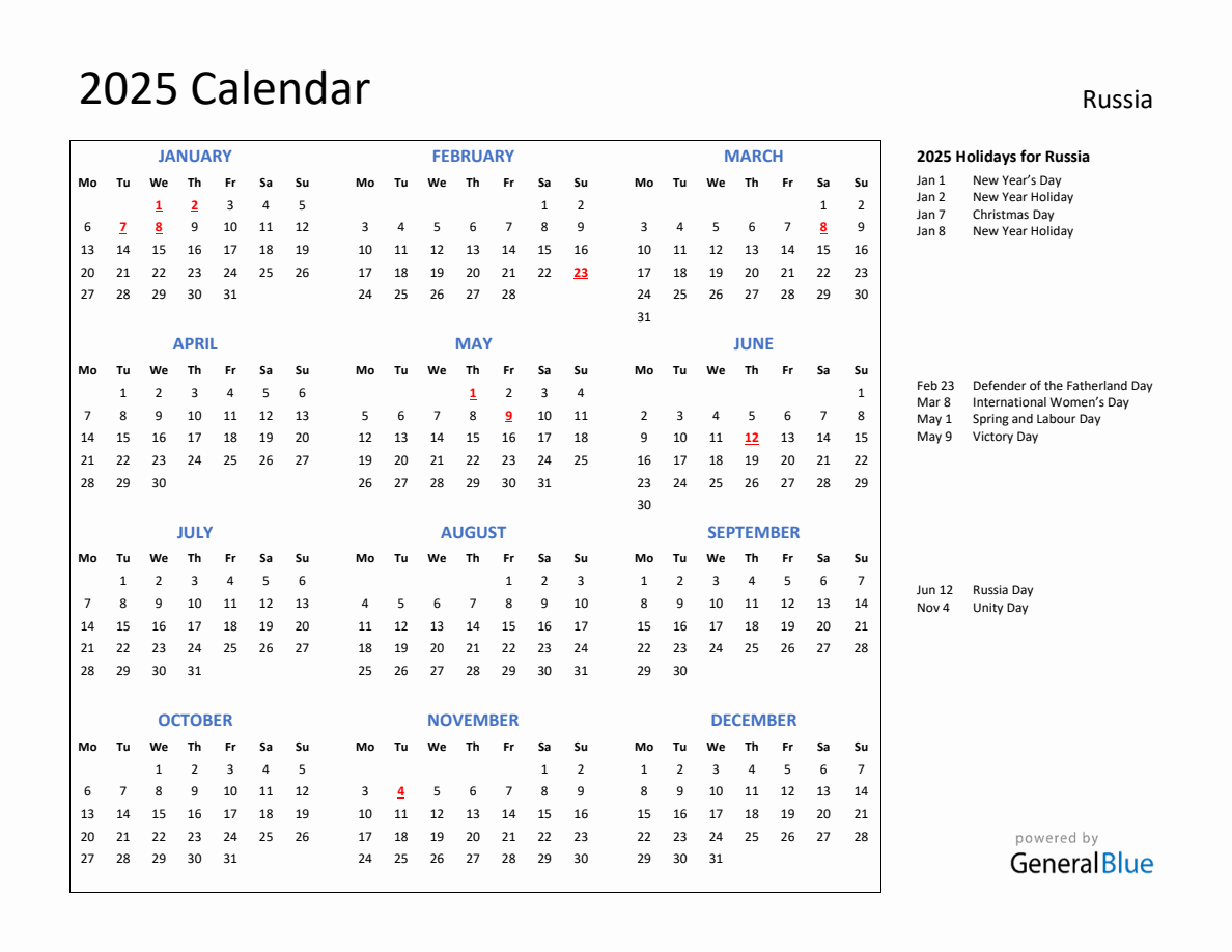 2025 Calendar with Holidays for Russia