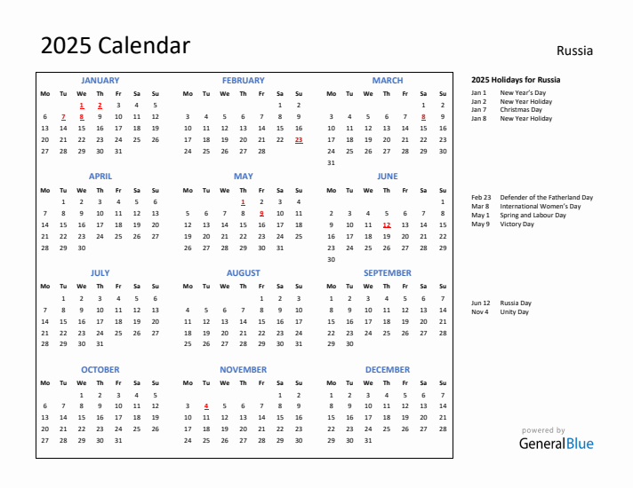 2025 Calendar with Holidays for Russia