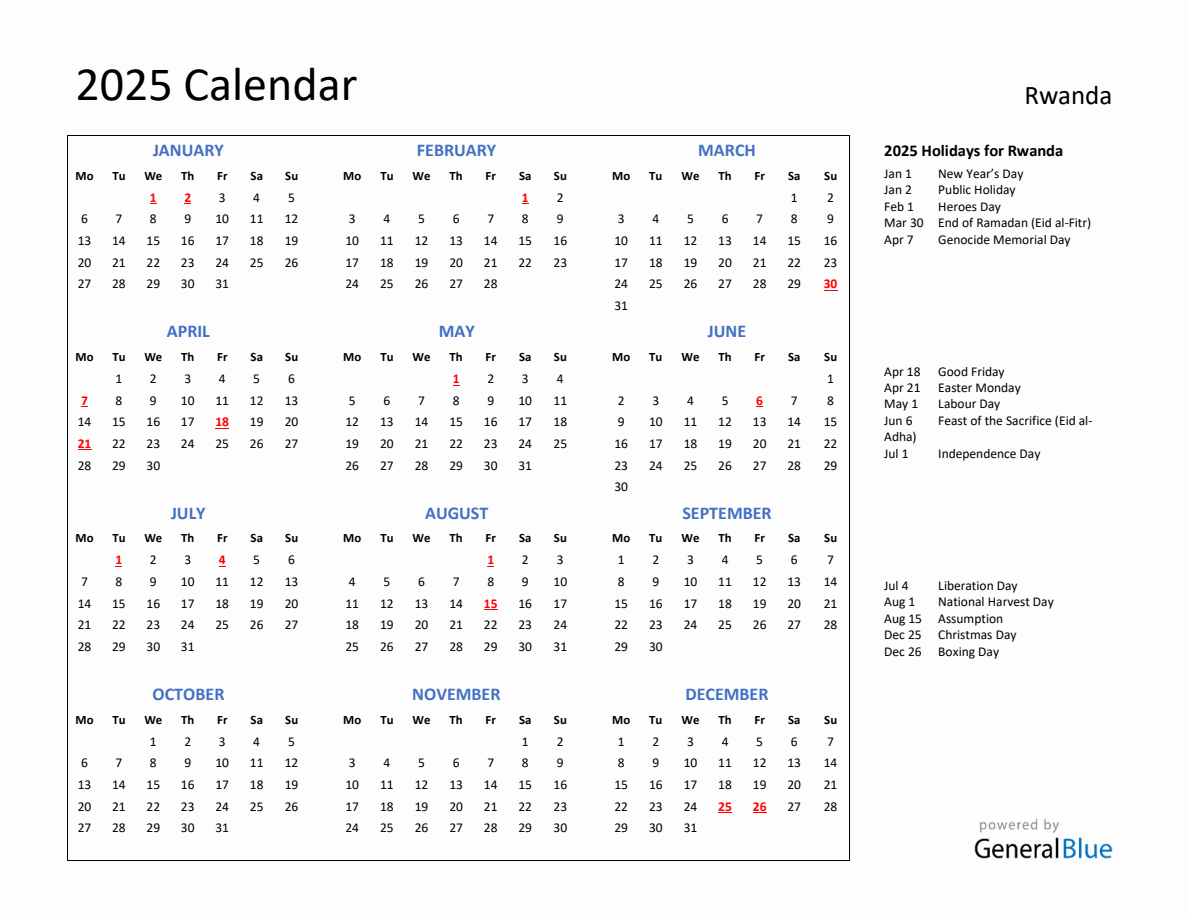 2025 Calendar with Holidays for Rwanda