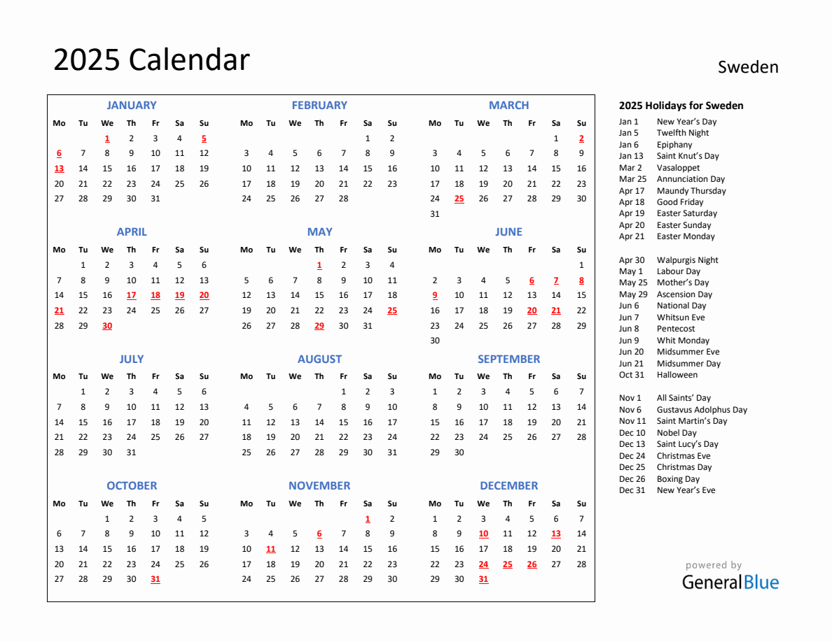 2025 Calendar with Holidays for Sweden