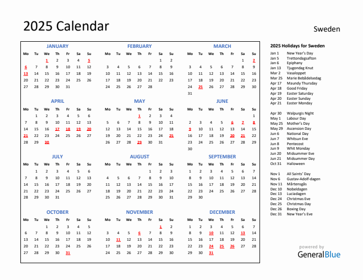 2025 Sweden Calendar with Holidays