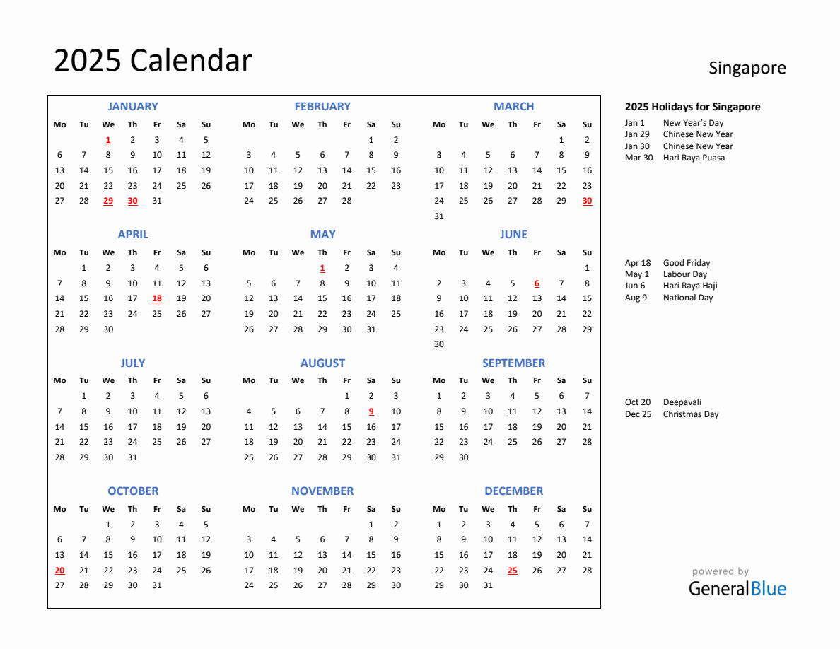 2025 Calendar with Holidays for Singapore