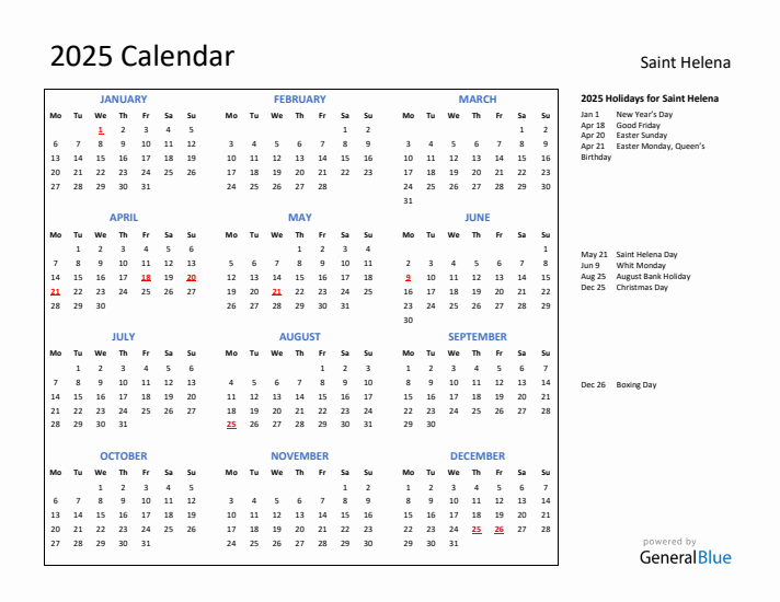 2025 Calendar with Holidays for Saint Helena