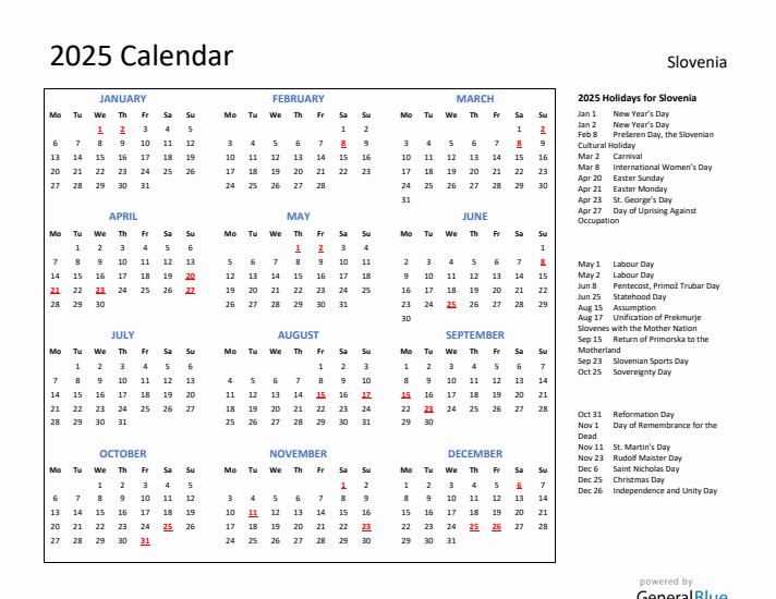 2025 Calendar with Holidays for Slovenia