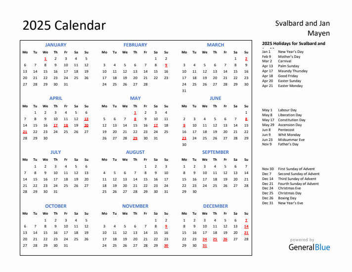 2025 Calendar with Holidays for Svalbard and Jan Mayen