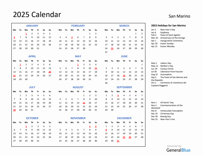2025 Calendar with Holidays for San Marino