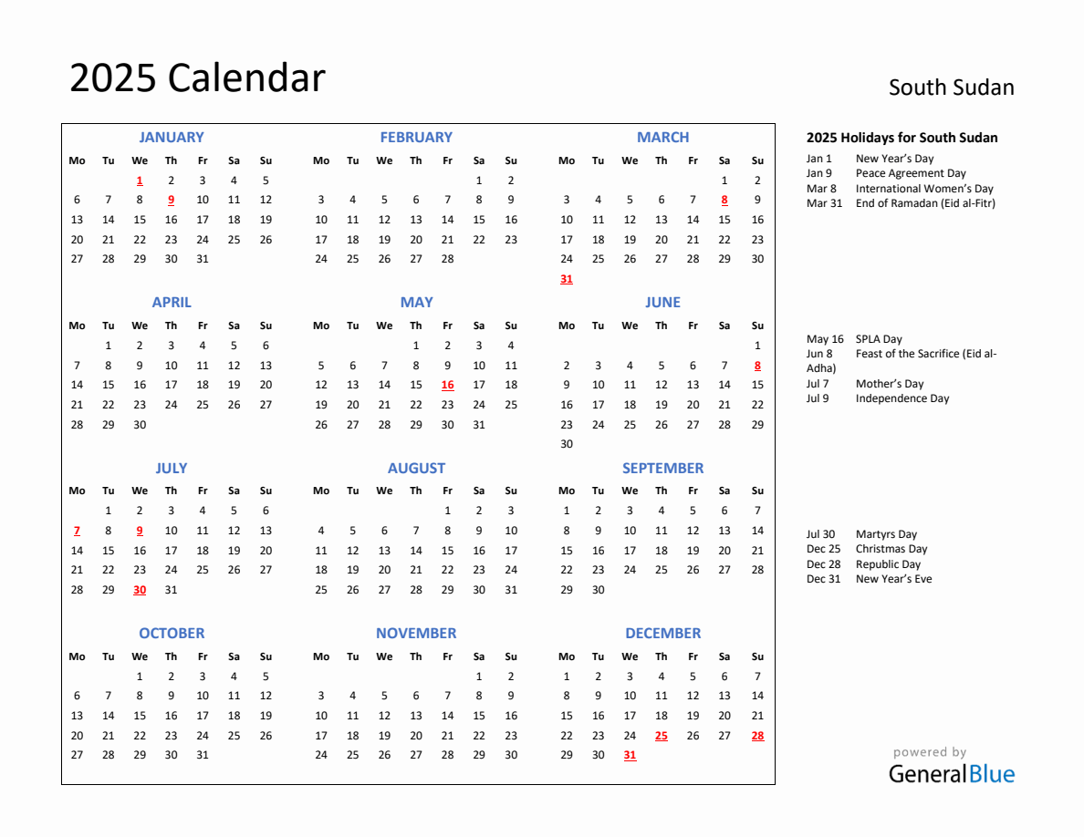 2025 Calendar with Holidays for South Sudan