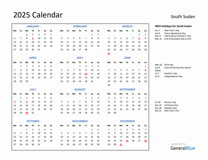 2025 Calendar with Holidays for South Sudan