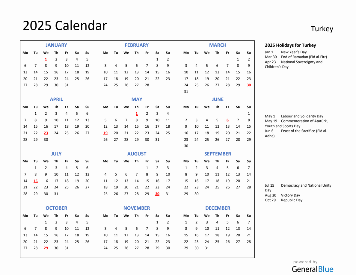 2025 Calendar with Holidays for Turkey