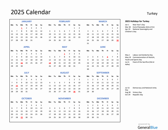 2025 Calendar with Holidays for Turkey