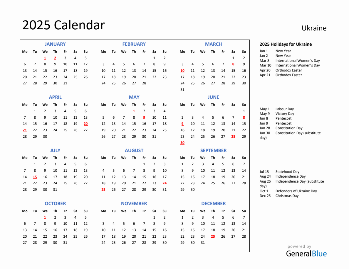 2025 Calendar with Holidays for Ukraine