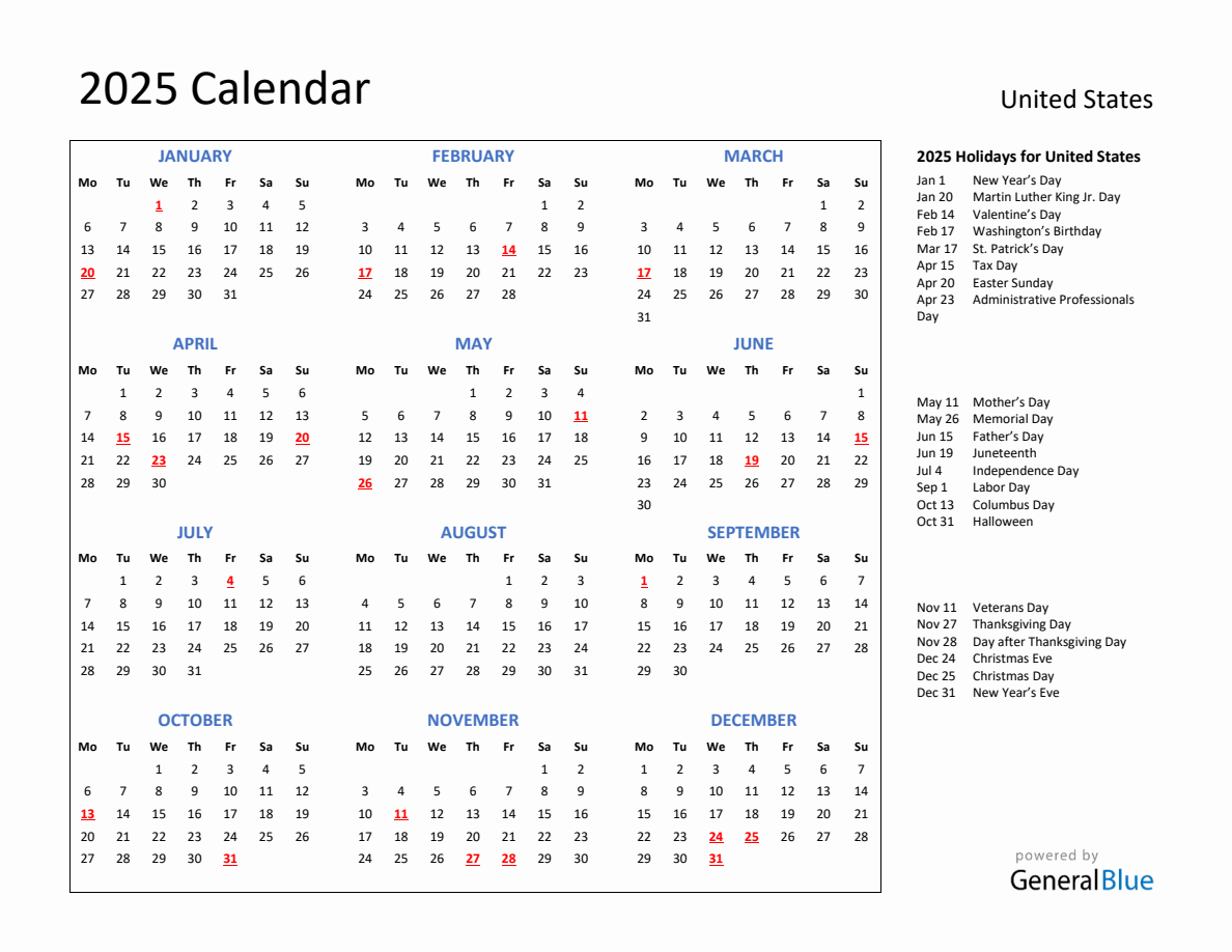 2025 Calendar with Holidays for United States