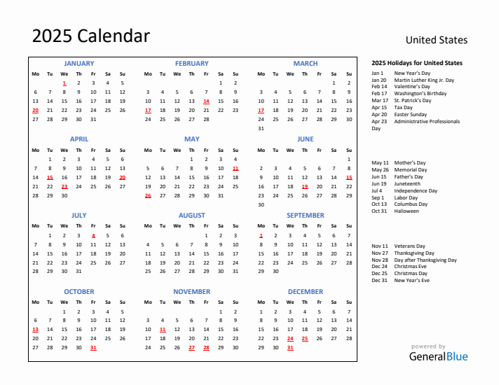2025 Calendar with Holidays for United States