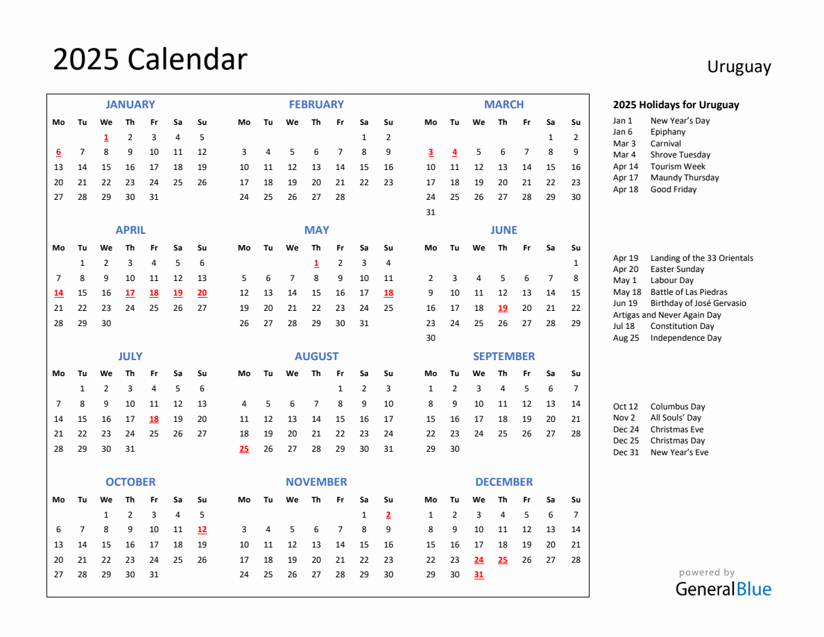 2025 Calendar with Holidays for Uruguay