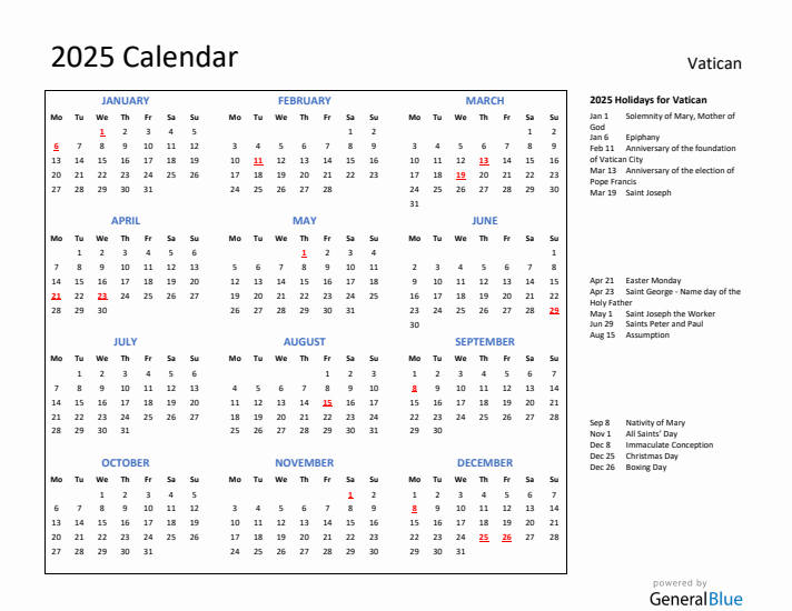 2025 Calendar with Holidays for Vatican