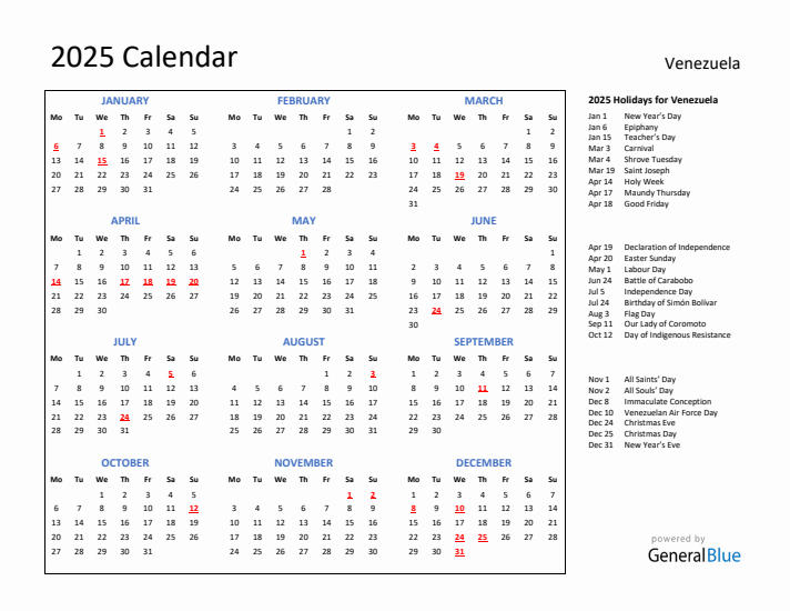 2025 Calendar with Holidays for Venezuela