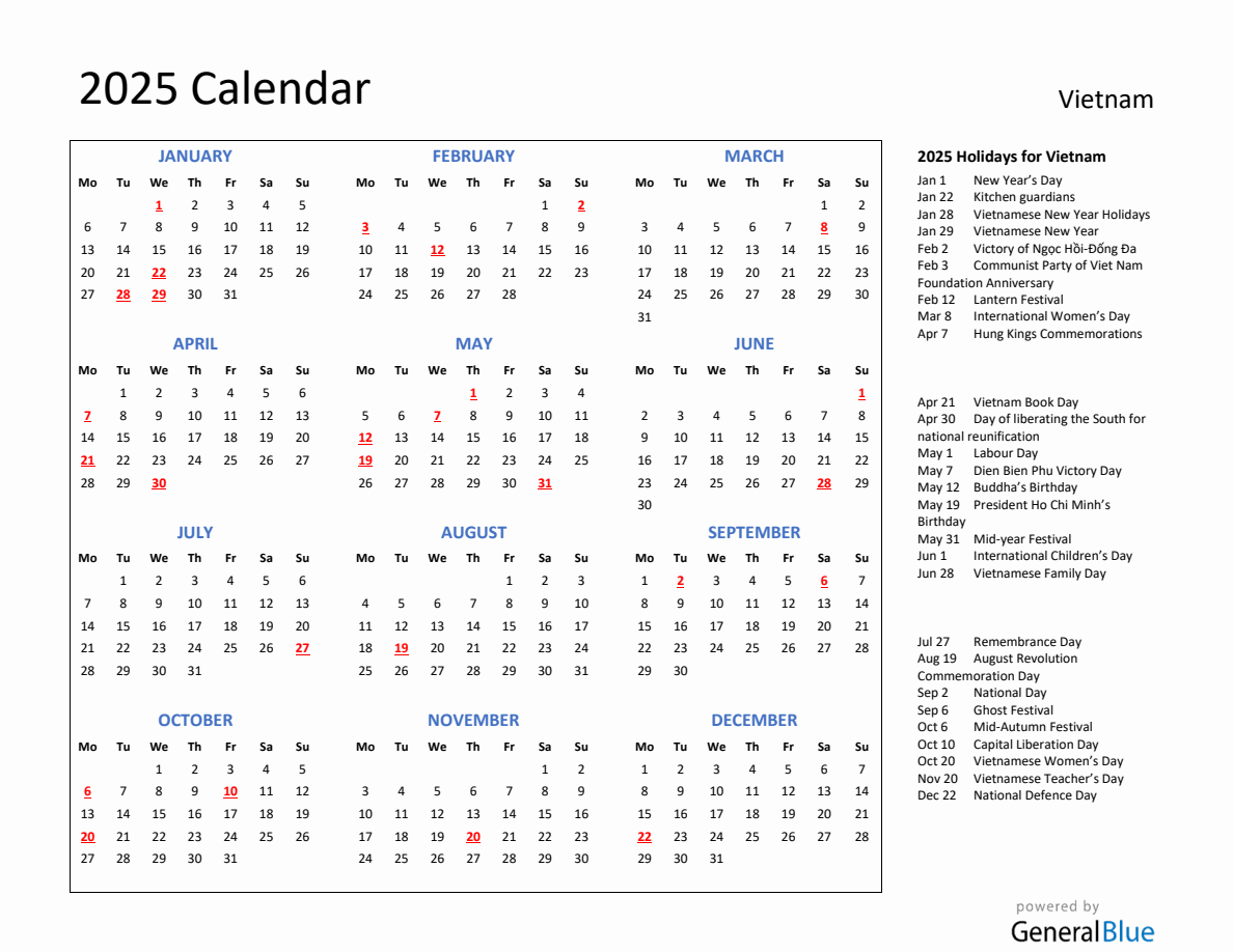 2025 Calendar with Holidays for Vietnam