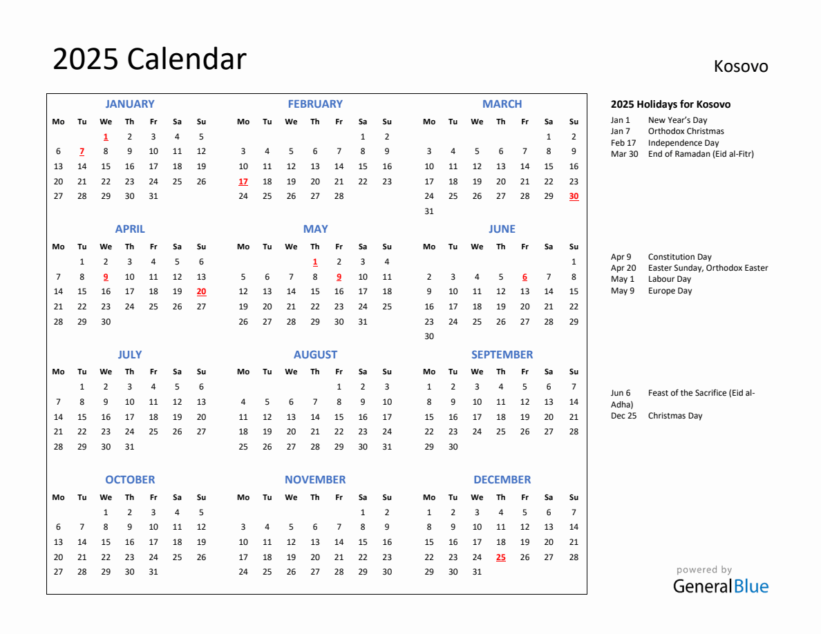 2025 Calendar with Holidays for Kosovo