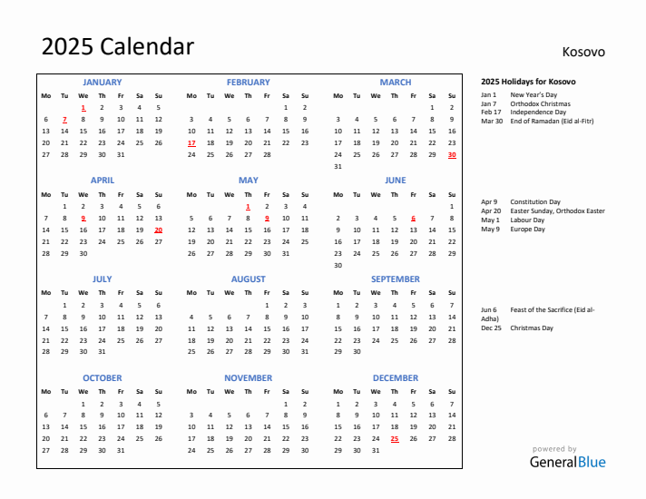 2025 Calendar with Holidays for Kosovo