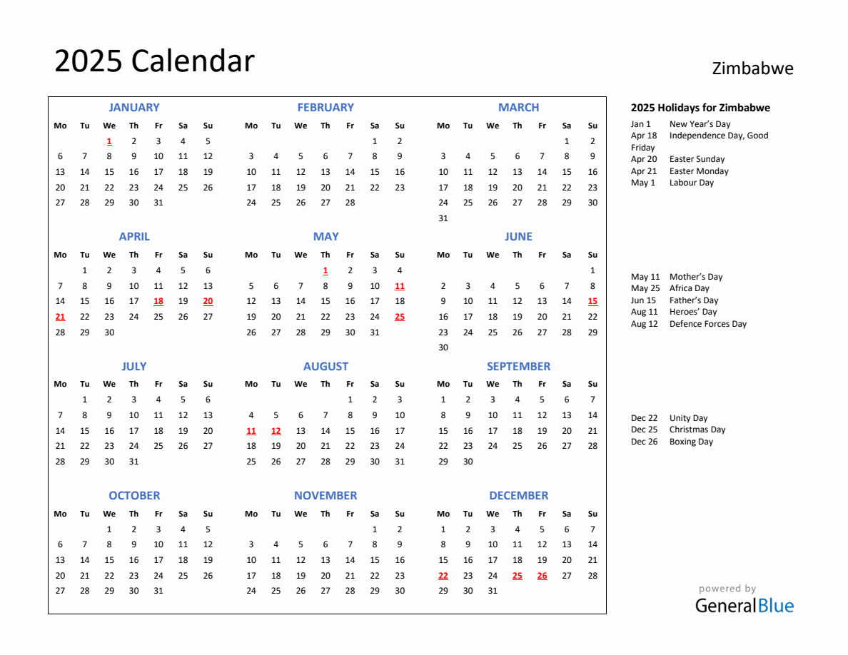 2025 Calendar with Holidays for Zimbabwe