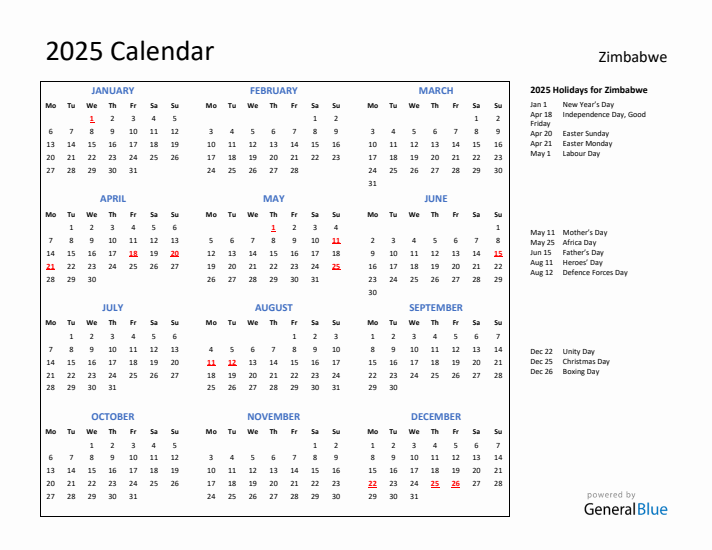 2025 Calendar with Holidays for Zimbabwe